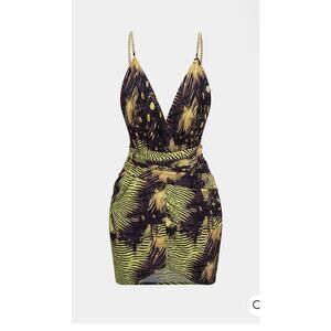 Micas Tropical Print Metallic Chain Mini Dress Size Medium